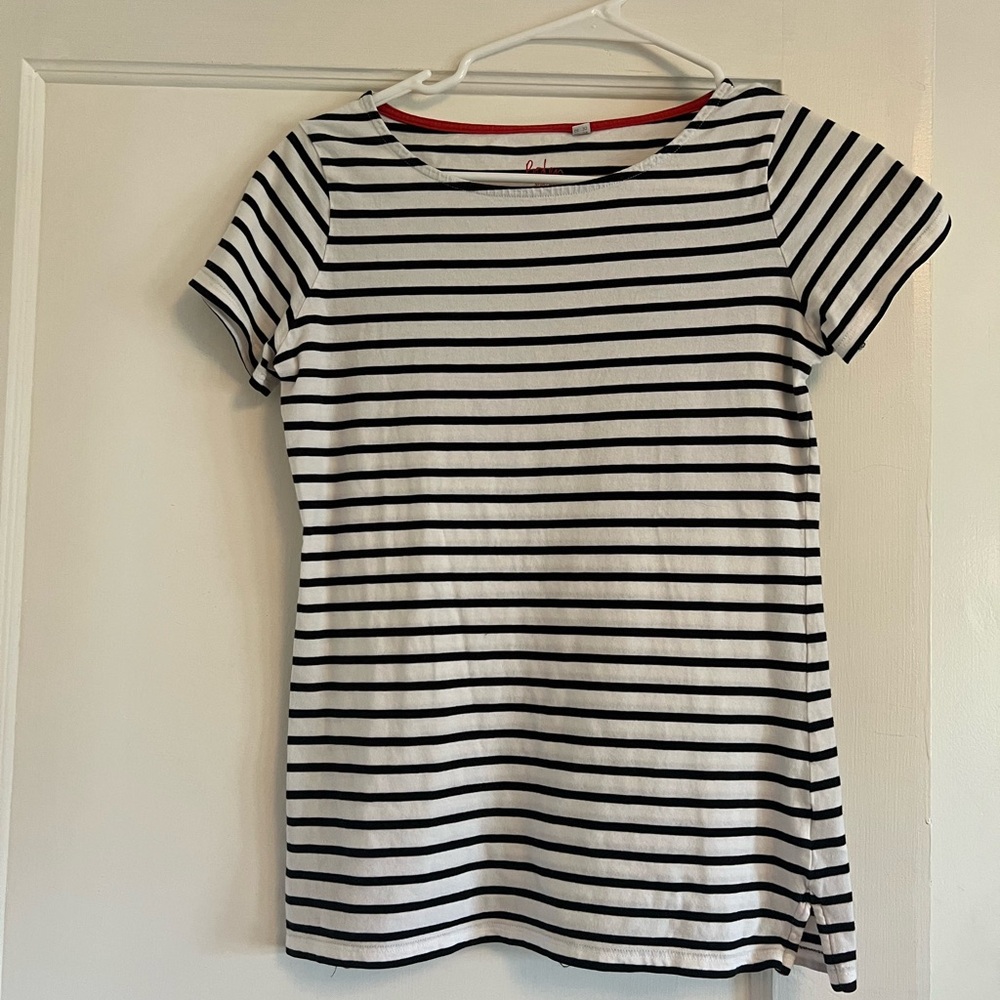 Boden Black and White Striped Top with Red Trim